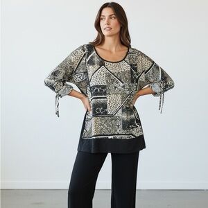 Dana Buchman Animal Pattern Roll tab Sleeve Knit Top Gray Size Large NWT